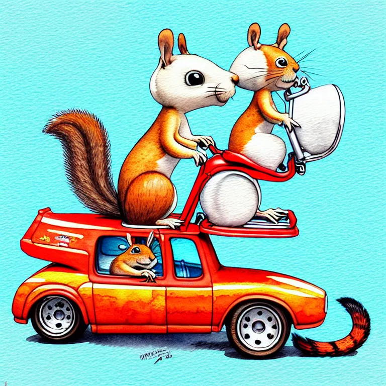 Image similar to cute and funny, squirrel wearing a helmet riding in a hot rod with oversized engine, ratfink style by ed roth, centered award winning watercolor pen illustration, isometric illustration by chihiro iwasaki, edited by range murata, tiny details by artgerm and watercolor girl, symmetrically isometrically centered, sharply focused