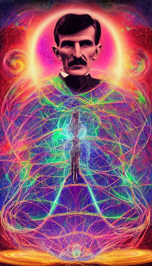 Prompt: nikola tesla, psytrance artwork, with octane, with lsd, with dmt, cosmic awakening, infinite universe