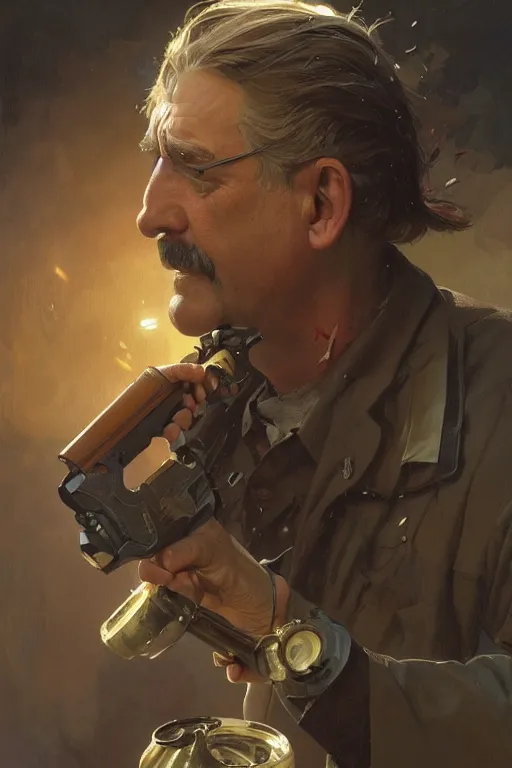 Image similar to a middle aged man as an artillery projectile, realistic painting, symmetrical, highly detailed, digital painting, artstation, concept art, smooth, sharp focus, illustration, cinematic lighting, art by artgerm and greg rutkowski and alphonse mucha