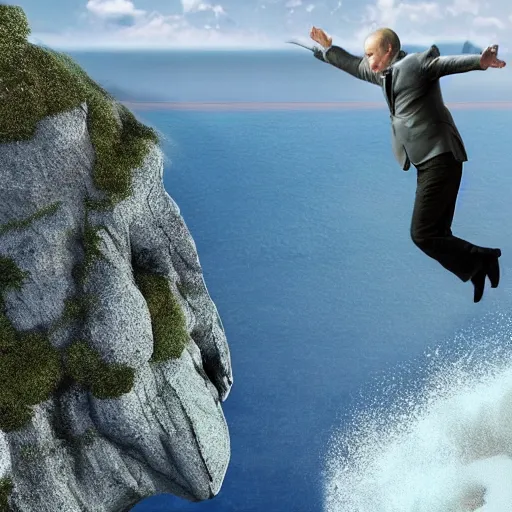 Image similar to putin jumping off a cliff hyper realistic, 4k, 8k, cinematik.