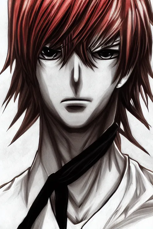 Prompt: light yagami, highly detailed, digital art, sharp focus, trending on art station, red eyes, death note, anime art style