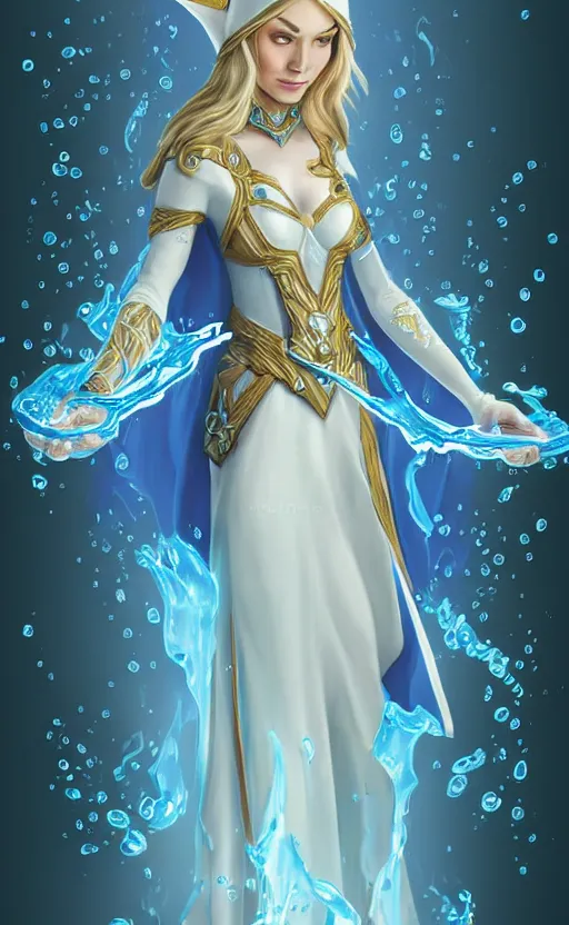 Image similar to elf female sorcerer doing water magic spells, blue robes, exquisite details, full body character design on a white background, by studio muti