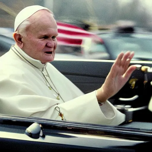 Image similar to a high-quality photo of john paul II drifting like a pro in his BMW pope mobile