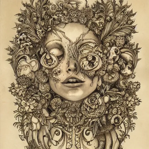 Prompt: a beautiful detailed front view baroque portrait of a rotten woman corpse with fractal plants and fractal flowers and mushrooms growing around, intricate, symmetrical, ornate, ornamentation, bones, illustration, in the style of art nouveau