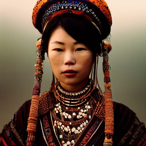 Image similar to vintage portrait of a stunningly beautiful asian tribal female, depth of field, zeiss lens, detailed, symmetrical, centered, fashion photoshoot, by edward s curtis, Annie Leibovitz and Steve McCurry, David Lazar, Jimmy Nelsson, Breathtaking, 8k resolution, extremely detailed, beautiful, establishing shot, artistic, hyperrealistic, beautiful face, octane render