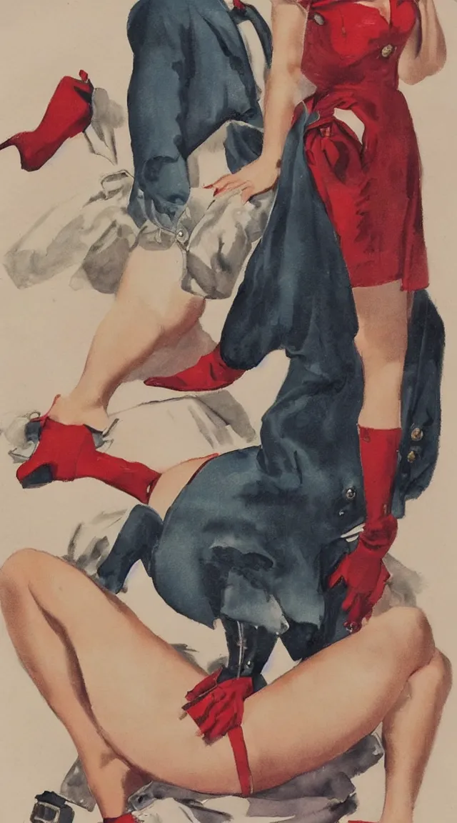 Image similar to a portrait full body pin up post war dressing a military unioform,with, water color, Gil Elvgren style