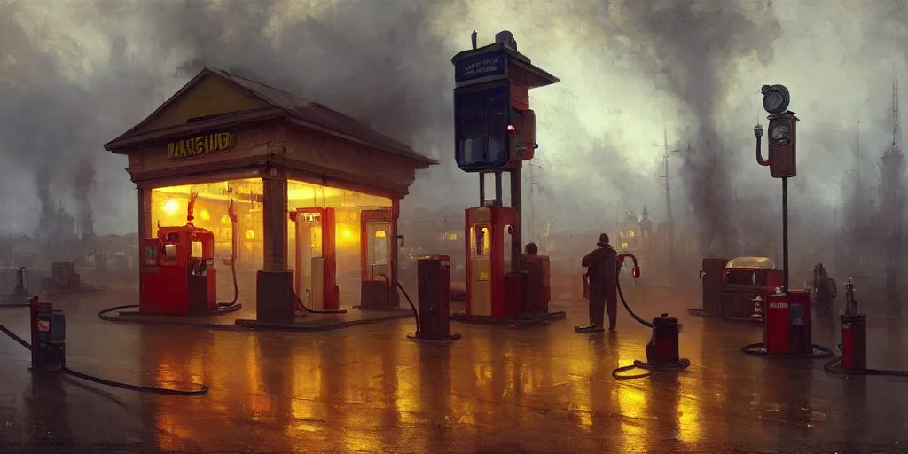 Image similar to a gas station in 1 9 4 0 with yellow and red light in the middle of the night, a men stand up next to the pump, mystical blue fog, oil on canvas, art by andreas achenbach, clemens ascher, tom bagshaw and sabbas apterus,