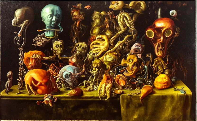 Prompt: disturbing colorful oil painting dutch golden age vanitas still life with bizarre humanoid faces strange objects shiney gooey surfaces shiny metal bizarre insects rachel ruysch dali todd schorr very detailed perfect composition rule of thirds masterpiece canon 5 0 mm, cinematic lighting, photography, retro, film, kodachrome