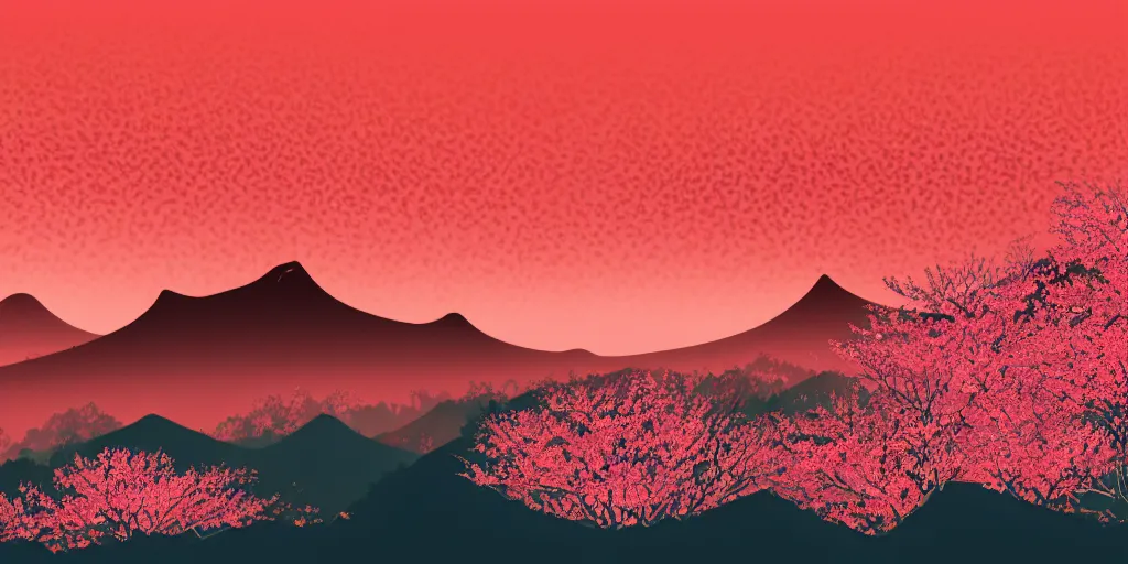 Image similar to japanese ink painting of a blooming cherry blossom forest with mountains in the background and a deep red sun, highly detailed, vivid colors, cinematic lighting, 8 k, trending on artstation