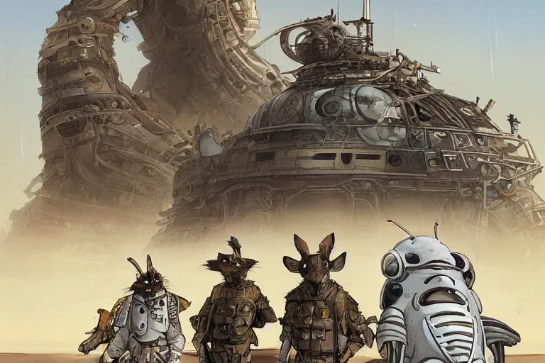 Image similar to anthropomorphic rodent with white and black ancestral ornate japanese tactical gear on an abandonment desert planet, high intricate details, long shot, rule of thirds, golden ratio, graphic novel by fiona staples and dustin nguyen, by beaststars and orange, peter elson, alan bean, studio ghibli, makoto shinkai