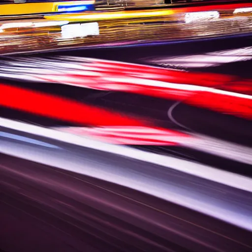 Image similar to formula 1 racing long exposure under night lights huge crowds hyperrealistic award - winning photography nikon