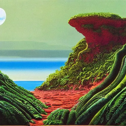 Image similar to painting of a lush natural scene on an alien planet by roger dean. beautiful landscape. weird vegetation. cliffs and water.