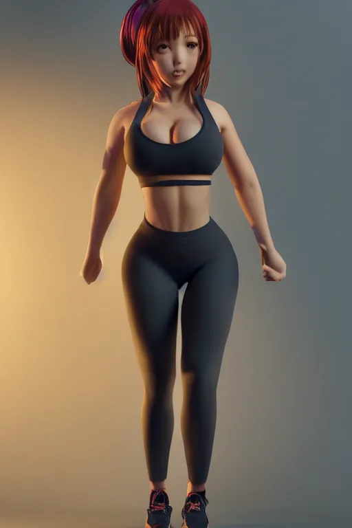 Image similar to photorealistic 3 d render of of an impossibly curvy anime girl wearing a gym outfit, by artgerm and earl norem, featured on pixiv, booru, exaggerated proportions, high resolution digital art, 4 k, beautiful symmetric face, subsurface scattering, volumetric lighting, realistic skin texture