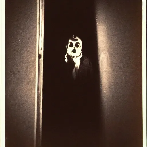 Prompt: tarman from the return of the living dead at the end of a dark hallway, polaroid,