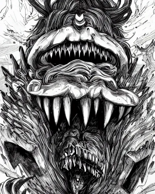Image similar to A crate with tongue and tooth, terrifying, black and white, fantasy art, monster art, in the style of masami kurumada, illustration, epic, fantasy, intricate, hyper detailed, artstation, concept art, smooth, sharp focus, ray tracing