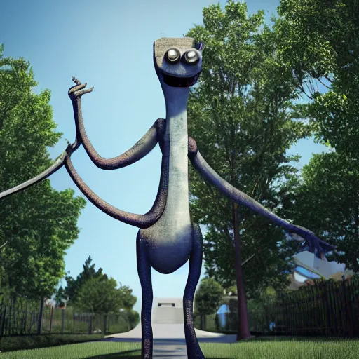 Prompt: tall monster with elongated limbs standing in an urban cul de sac neighborhood, realistic lighting, ultra hd 4 k