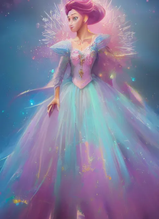 Prompt: detailed full body concept art illustration colorful pastel painting of a Disney princess in full intricate clothing, ultra detailed, digital art, octane render, 4K, dystopian, micro details