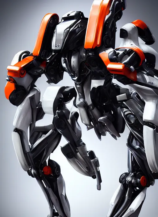 Image similar to a Photorealistic dramatic hyperrealistic full frame render of a Sleek futuristic exosuit Freedom Formula Racing Mech,Ultra realistic details,glossy white metal,Orange racing stripes,weathered surfaces,by Hidetaka Tenjin,Yoh Yoshinori,Yoji Shinkawa,Masamune Shirow,Beautiful dramatic dark moody tones and lighting,cinematic atmosphere,studio lighting,shadows,dark background, Octane render,8K