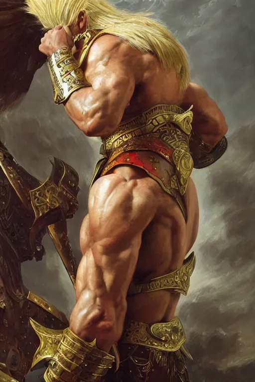 Prompt: a powerful and muscular male warrior , half body portrait, blond hair, ornate armour, realistic oil painting by Thomas Cole and Wayne Barlowe and Boris Valejo