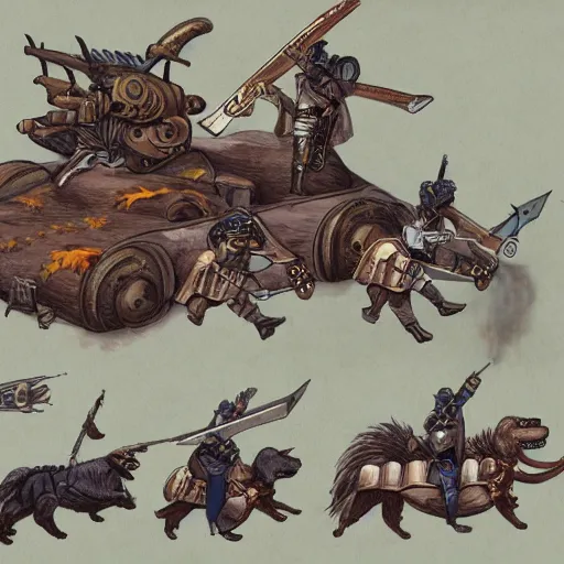 Image similar to Warrior cats riding large wardogs into battle, steampunk weapons and armour