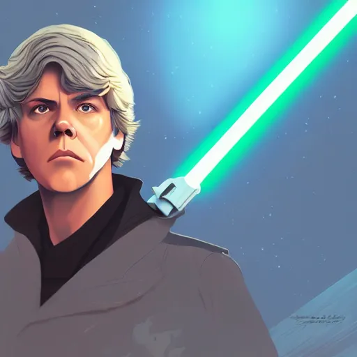 Image similar to George Lucas as Luke Skywalker, ambient lighting, 4k, anime key visual, lois van baarle, ilya kuvshinov, rossdraws, artstation