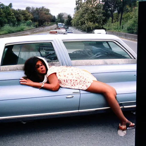 Prompt: a woman laying in the back seat of a car in 1 9 7 4 color