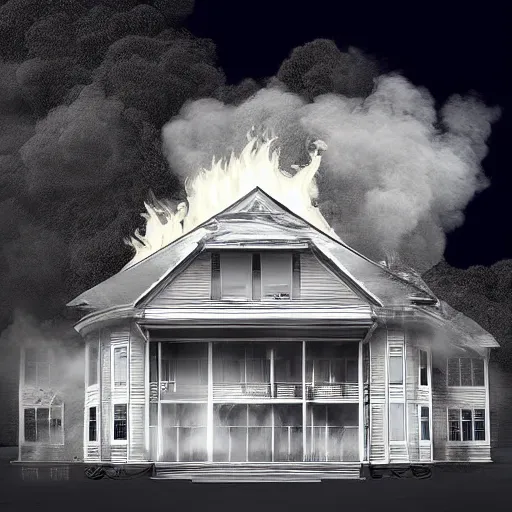 Image similar to “White mansion engulfed in flames, digital art.”