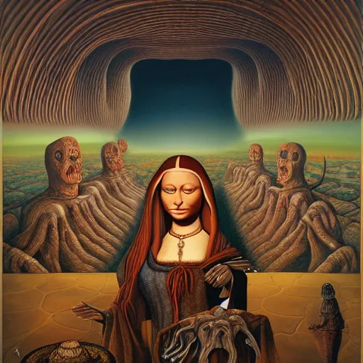 Image similar to monalisa by jacek yerka, alex gray, zdzisław beksiński, dariusz zawadzki, jeffrey smith and h.r. giger, oil on canvas, 8k highly professionally detailed, trending on artstation