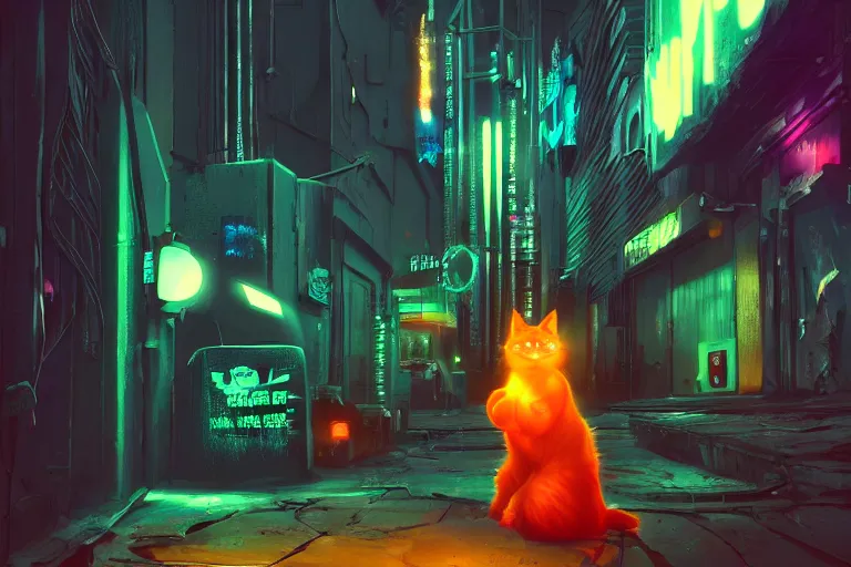 Image similar to cyberpunk ginger cat in the alley, neon lighting, rendered in unreal engine, trending on artstation, cyberpunk, night