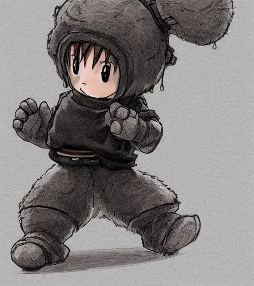 Image similar to attractive little boy wearing an cyborg bear suit, artwork in kentaro miura and made in abyss and inazuma eleven, smooth, beautiful lightness, anatomically correct, trending on pixiv, hot composition