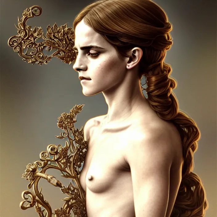 Image similar to ancient queen emma watson, symetrical, diffuse lighting, fantasy, intricate, elegant, highly detailed, lifelike, photorealistic, digital painting, artstation, illustration, concept art, 4 k, smooth, sharp focus, art by john collier and albert aublet and krenz cushart and artem demura and alphonse mucha