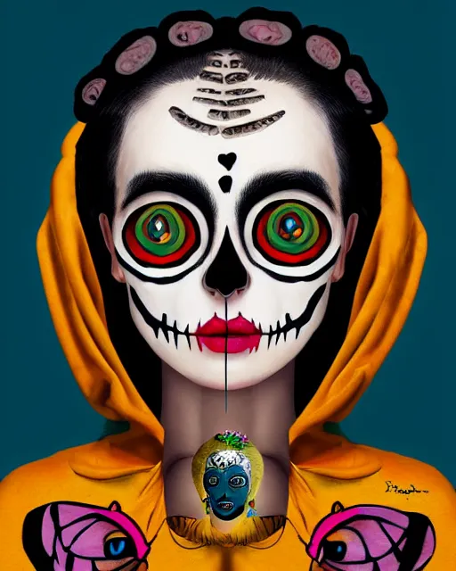 Image similar to a surrealistic head and shoulder painting of a gorgeous female skeleton with cat eyeballs and lipstick and hoodie, in the style of frida kahlo, digital art, detailed masterpiece