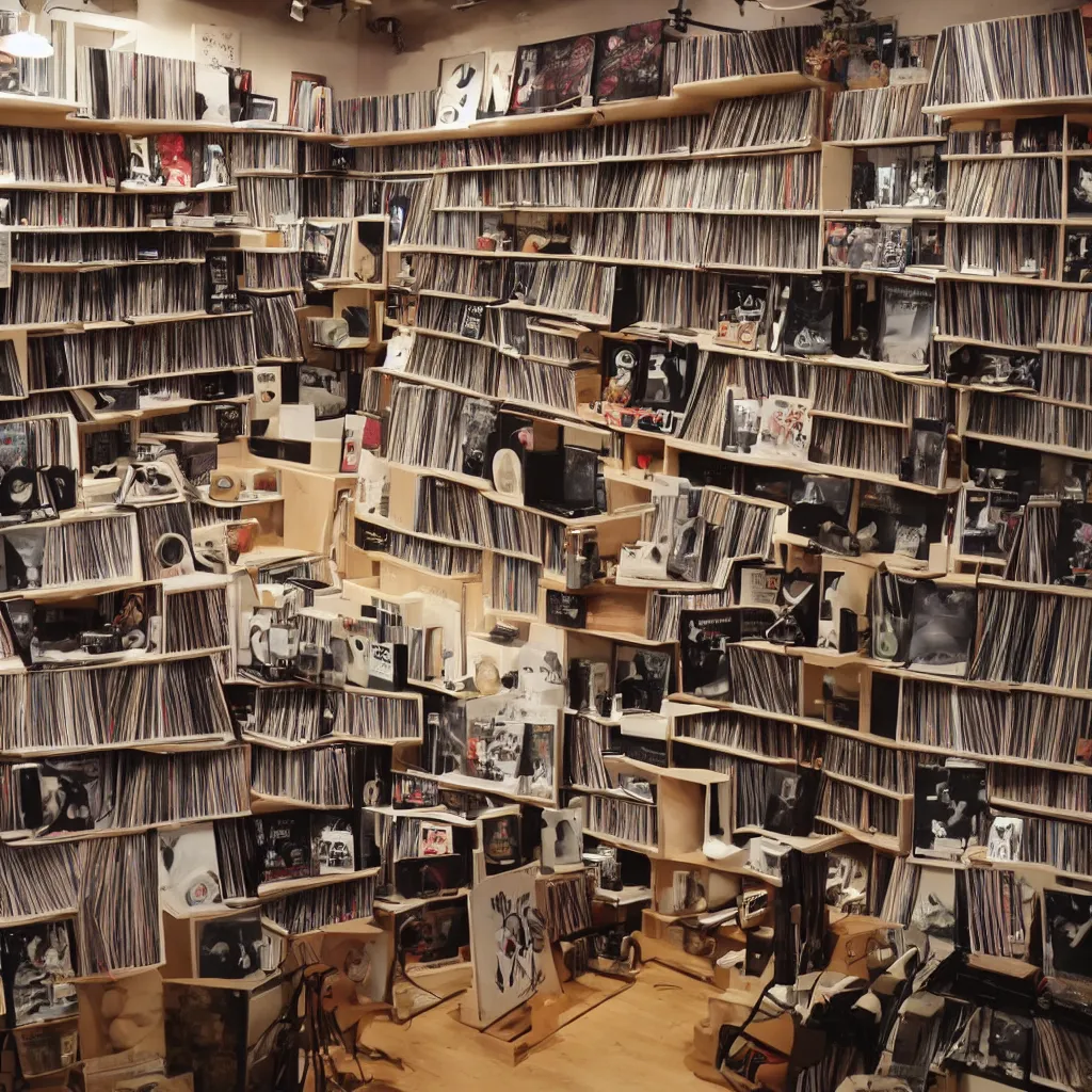 Image similar to cozy music shop, anime style, floor to ceiling shelves of vinyl LP records, large speakers and hifi equipment