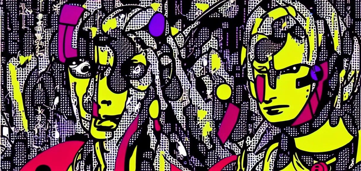 Image similar to ⚠ 👽 💉 ☠ 💢 😱 futuristic japanese cyberpunk by roy lichtenstein, by andy warhol, ben - day dots, pop art, bladerunner, pixiv contest winner, cyberpunk style, cyberpunk color scheme, mechanical, high resolution, hd, intricate detail, fine detail, 8 k