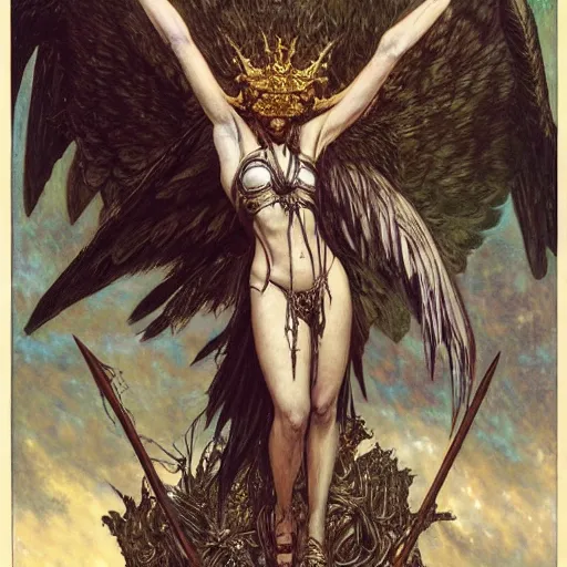 Image similar to a flying harpy with huge eagle wings impaled by a dozen arrows, d & d, fantasy, luis royo, magali villeneuve, donato giancola, wlop, krenz cushart, hans zatka, klimt, alphonse mucha