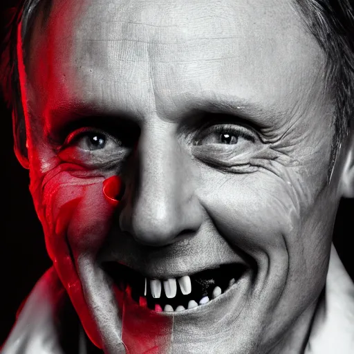 Image similar to close up picture of Hannibal Lecter smirking with bloody teeth, studio picture, movie cover, dark background, shady, highly detailed