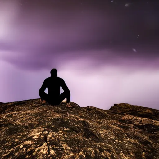 Image similar to 4K ultra HD detailed award-winning wallpaper of silhouette of man sitting on top of mountain cliff looking at huge vast sky storm Milky way