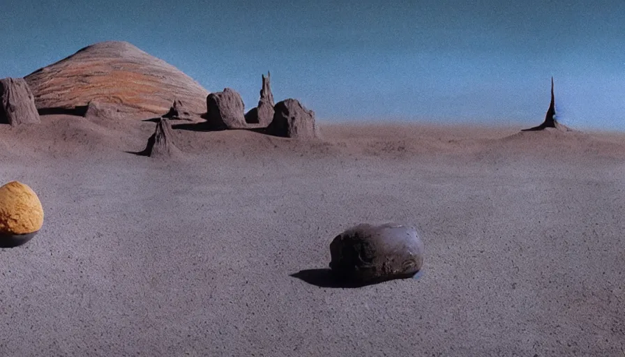 Image similar to glowing bene gesserit in full - face golden glowing mask meet salvador dali in a black rocky desert landscape with alienabandoned city beneath the sand and giant alien spaceship in the sky attacks the earth by christopher doyle and alejandro jodorowsky, anamorphic lens, kodakchrome, cinematic composition, very detailed photo, 8 k,