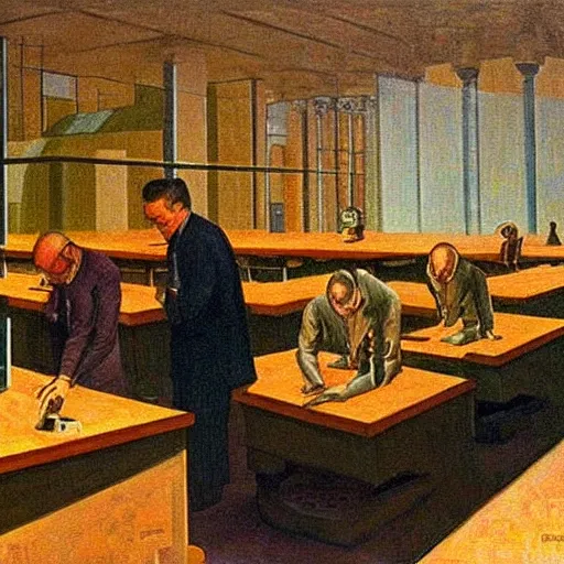 Prompt: scientists programming a doomsday device in a dome - shaped control center, grant wood, pj crook, edward hopper, oil on canvas