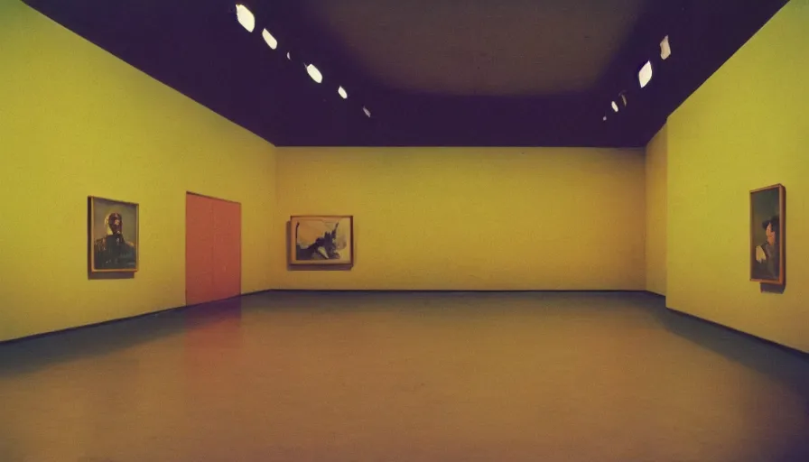 Prompt: 60s movie still of a sovietic stalinist style empty art museum with a soviet congress with yellow wall, LOMOGRAPHY X-PRO PEACOCK, liminal Space style, heavy grain