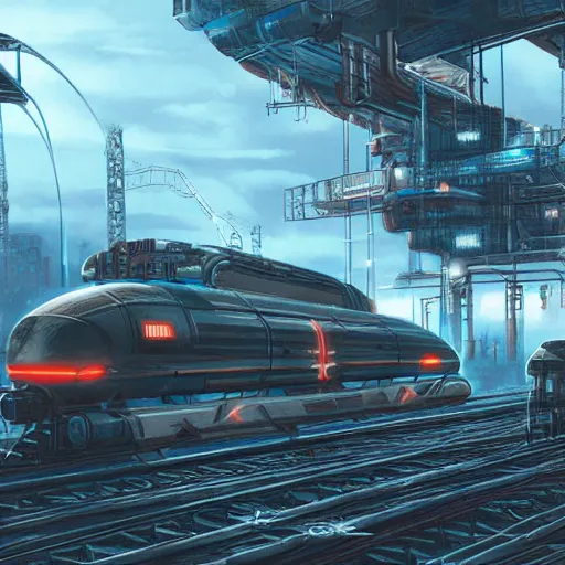 Image similar to Immense industrial futuristic cargo train arrives at cyber punk city station, cinematic lighting, concept art