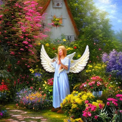 Prompt: a majestic male garden angel with large wings covered in plants and flowers standing in front of a beautiful cottage, an oil painting by ross tran and thomas kincade