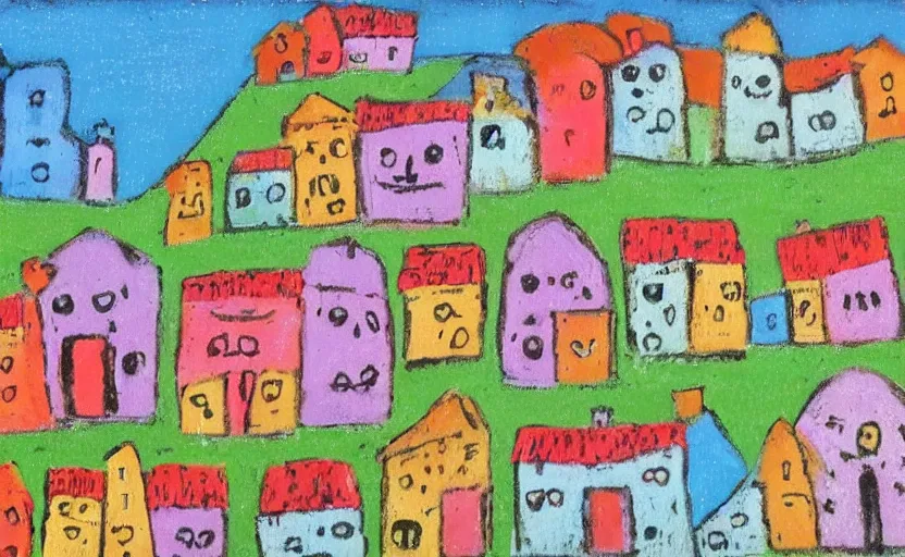 Image similar to village, houses with faces, pastel colours, naive