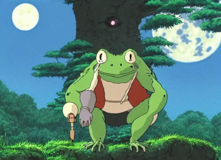 Image similar to a still from a studio ghibli movie of a cartoon frog man from princess mononoke ( 1 9 9 7 ), in front of a pale full moon, full body, wide shot, very dull muted colors, studio ghibli, highly detailed, deviantart, art by artgem