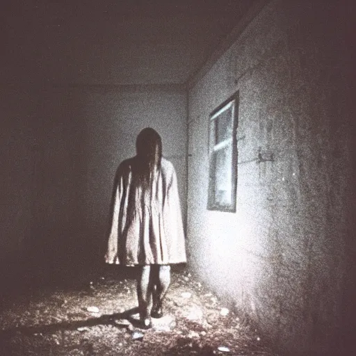 Image similar to Photograph of Samara Morgan crawling through Silent Hill, dark, no lights, moist, taken using a film camera with 35mm expired film, bright camera flash enabled, award winning photograph, creepy, liminal space