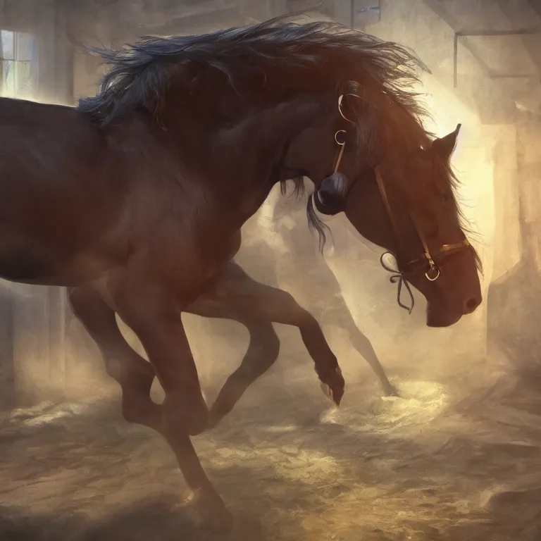 Prompt: A horse attempting to solve a jigsaw puzzle, looking confused, cinematic lighting, evening light, stables, digital painting, volumetric light, concept art, trending on artstation