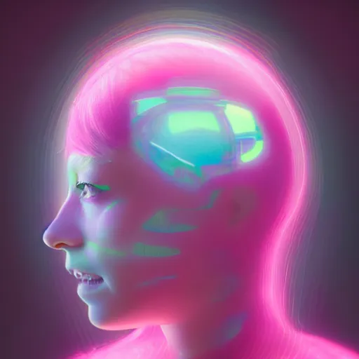 Image similar to a woman with pink hair and a mirror as her face, a hologram by mike winkelmann, cgsociety, neo - dada, futuristic, glitch art, 8 k 3 d