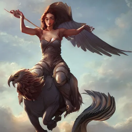 Image similar to Art station concept of a beautiful girl riding a gryphon, symmetrical face, smooth body features, by Stanley Artgerm Lau, WLOP, Rossdraws, James Jean, Andrei Riabovitchev, Marc Simonetti, and Sakimichan, trending on artstation