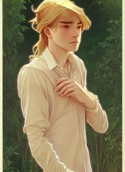 Image similar to pretty young man with shoulder length shiny shimmering golden blond hair, head down, demure, shy, path traced, highly detailed, high quality, digital painting, by studio ghibli and alphonse mucha, leesha hannigan, disney