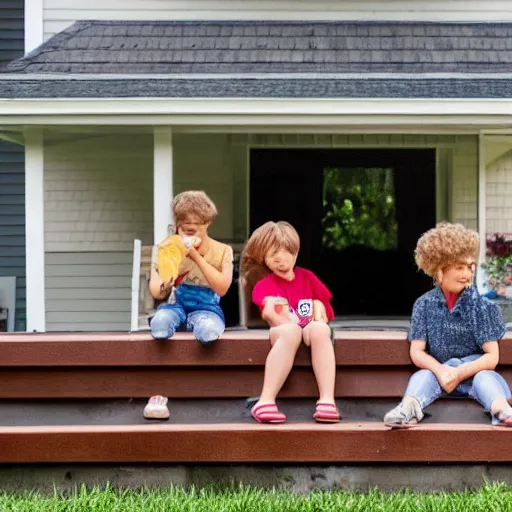 Prompt: kids sitting on a porch drinking root beer while looking at their lawn 8k in the background is a colorful galaxy in the sky